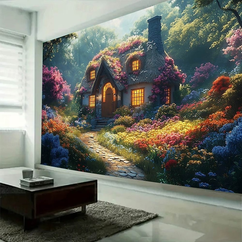 Plants Flowers Houses Paths Landscape Tapestry Wall Art Large Tapestry Mural Decor Photograph Backdrop Blanket Curtain Home Bedroom Living Room Decoration4