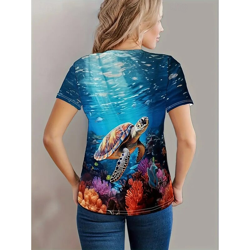Women's T Shirt Summer Tops Scenery Sea Turtle Classic Casual Short Sleeve Crew Neck Crop Tops Daily Weekend Print Rainbow Summer Spring Fall2