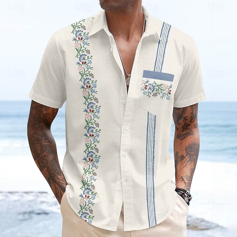 Men's Striped Floral Print Flowers Guayabera Shirt Summer Hawaiian Shirt Button Up Shirt Short Sleeve Hawaiian Vacation Dailywear Beach Wear Summer Spring Turndown Collared Shirts Front One Pocket