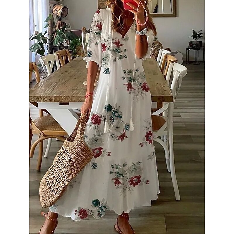 Women's Long Dress Maxi Dress Boho Dress Print Dress Peplum Dresses Romantic Classic Elegant Dress Puff Sleeve Vacation Going out Spring Dress Loose Fit Graphic Flower Half Sleeve V Neck White Pink2