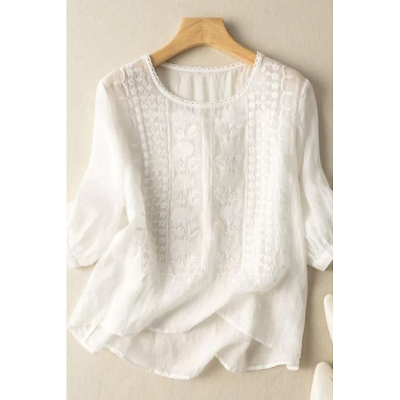 Women's Shirt Linen Shirt Blouse Cotton Linen Shirts Plain Modern Half Sleeve Crew Neck Regular Tops Daily Holiday Going out Mesh White Yellow Blue Purple Khaki Summer