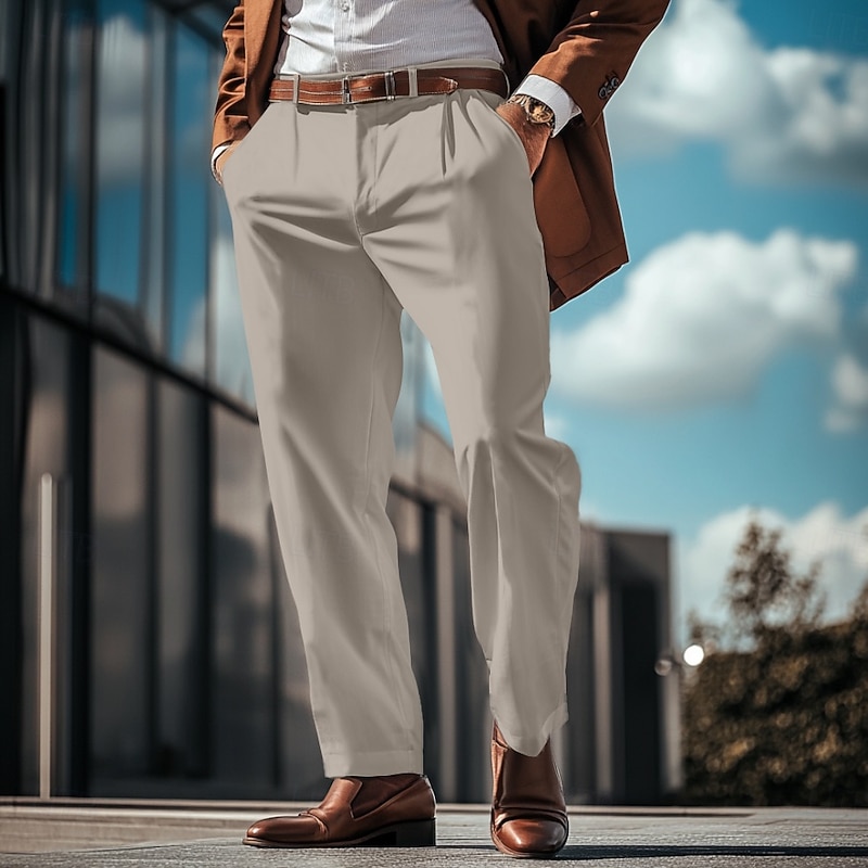 Men's Dress Pants Trousers Casual Pants Suit Pants Pocket Straight Leg Plain Comfort Breathable Full Length Formal Business Daily Fashion Streetwear Dark Khaki Light Khaki4