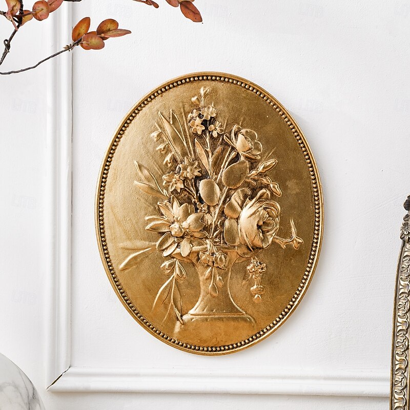 Vintage Gold Oval Bas-Relief Carved Wall Decor, Hand-Painted Resin Home Wall Hanging, European Retro Style, Ideal for Home, Hotel Decoration, and Photography Props3