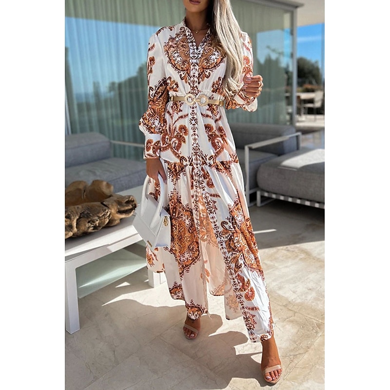 Women's Midi Dress Shirt Dress Floral Dress Boho Dress Print Dress Fashion Holiday Going out Regular Fit Flower Long Sleeve V Neck Orange Green Gray Summer2