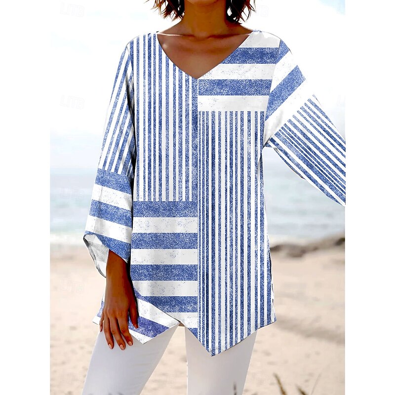 Women's Blouse Long Sleeve Asymmetrical Hem Graphic Striped Stylish Beach Short Sleeve V Neck Regular Tops Daily Print Pink Blue Gray Spring Fall3