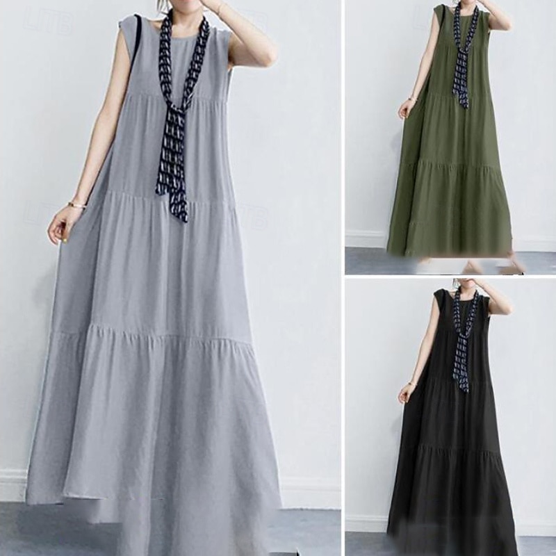 Women's Long Dress Maxi Dress Linen-Inspired Dresses Casual Dress Fashion Classic Modern Vacation Going out Weekend Regular Fit Plain Sleeveless Crew Neck Black Green Gray Summer