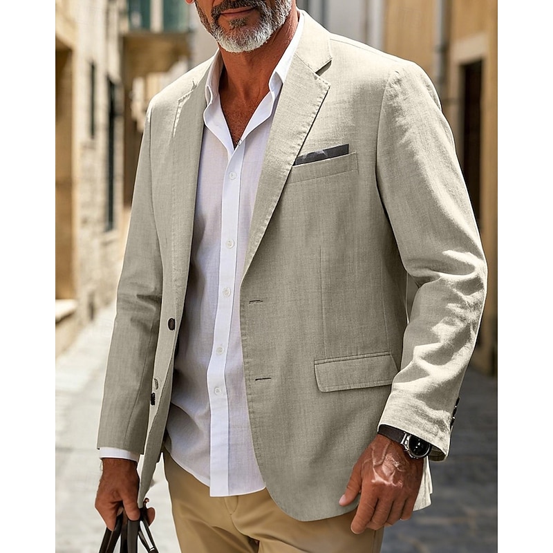 Men's Linen Blazer Blazer Business Cocktail Party Wedding Party Fashion Casual Spring &  Fall Polyester Linen Plain Pocket Buttons Comfortable Single Breasted Blazer White khaki Beige3
