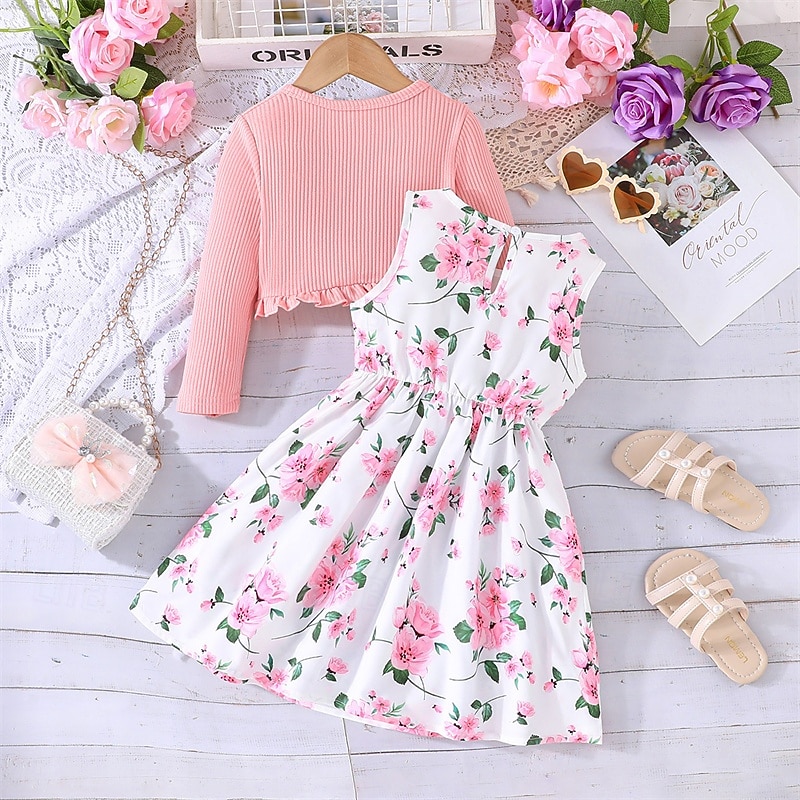 2 Pieces Kids Girls' Floral Tie Knot Dress Suits Set Long Sleeve Fashion School 4 years+ Summer Pink Red Blue2