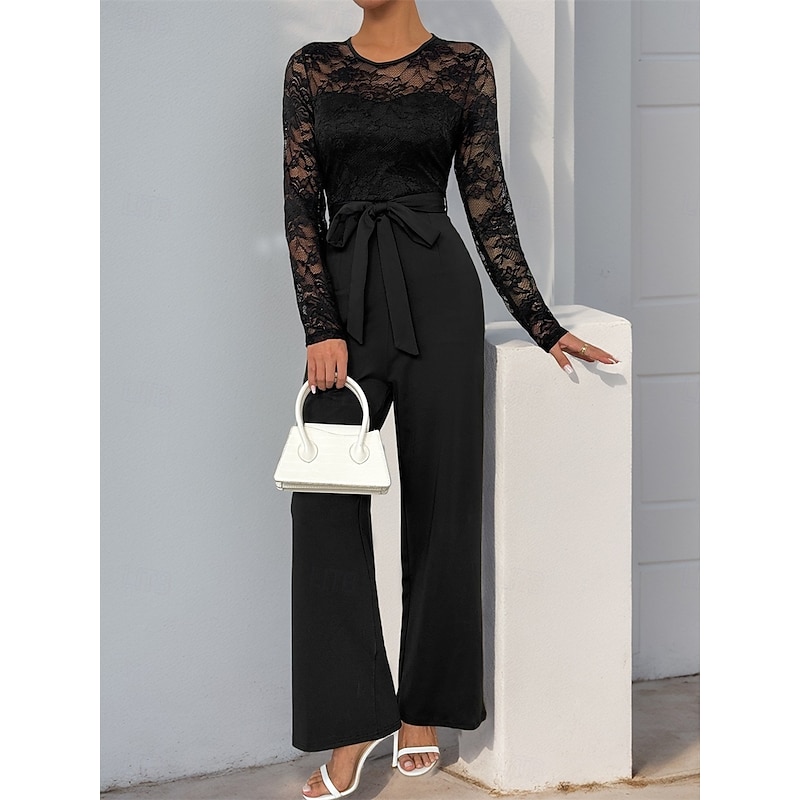 Jumpsuit / Pantsuit Mother of the Bride  Elegant Casual Jewel Neck Floor Length Polyester Long Sleeve with Lace