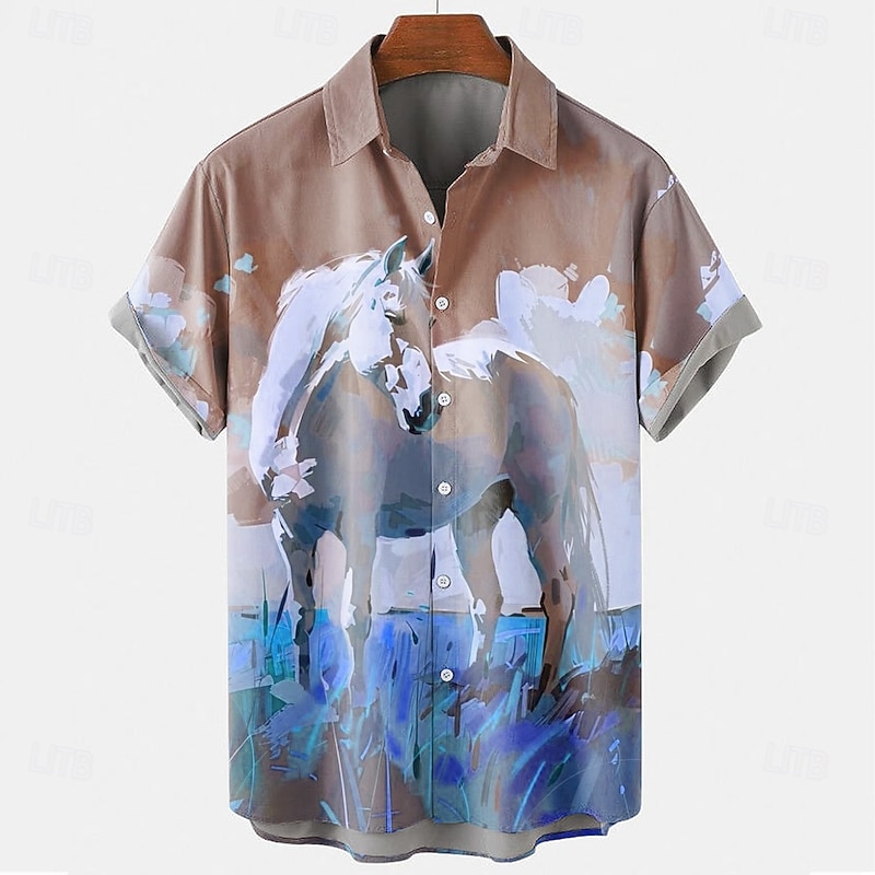 Kentucky Derby Men's Horse Racing Shirt Button Up Shirt Short Sleeve Vintage Retro Holiday Festival Summer Spring Turndown 3D Print Funny Kentucky Derby Shirts Blue Brown2