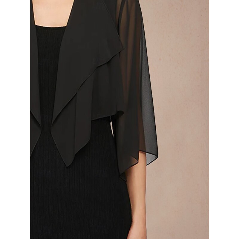 Women's Flowy Tops Chiffon Tops Solid Color Elegant 3/4 Length Sleeve Asymmetrical Crop Tops Wedding Guest Black Summer Spring Fall3