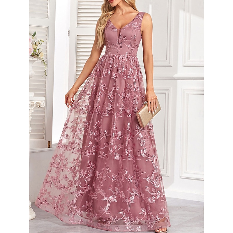 A-Line Quinceanera Dresses Elegant Dress Wedding Wedding Guest Floor Length Sleeveless V Neck Tulle Backless with Pleats