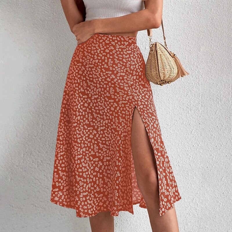 Women's Skirt A Line Casual Knee-length Mid Rise Skirts Floral Print Micro-elastic Vacation Street Black Yellow Blue Orange Summer Polyester2