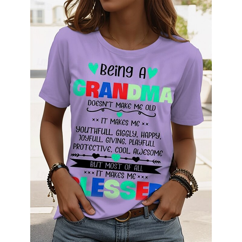 Mother's Day Women's T Shirt Graphic Letter Stylish Casual Short Sleeve Round Neck Regular Tops Daily Weekend Print Black White Pink Blue Purple Summer Spring Grandma4