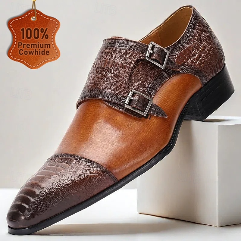 Men's Exquisite Dual-Texture Brown Leather Double Monk Strap Shoes - Luxurious and Bold for Formal Gatherings, Executive Meetings, and Kentucky Derby