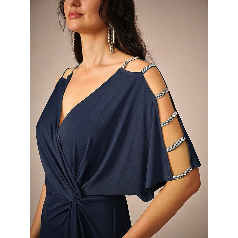 Women's Midi Dress Knit Dress Elegant Stylish Party Date Regular Fit Solid Color Short Sleeve V Neck Navy Blue Summer2