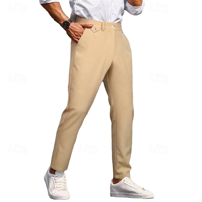 Men's Dress Pants Trousers Chinos Buttons Pocket Plain Comfort Formal Party Work Fashion Classic Style ArmyGreen Black Micro-elastic3