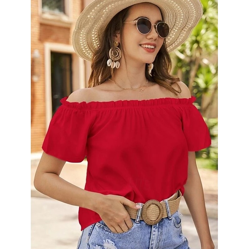 Women's Plus Size Going Out Tops Summer Tops Solid Color Sexy Casual Short Sleeve Sleeveless Off Shoulder Crop Tops Going out Vacation Wear Black White Red Sky Blue Purple Summer3