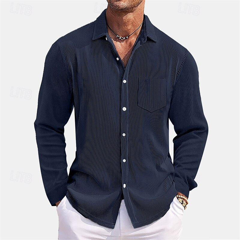 Men's Shirt Summer Shirt Casual Shirt Beach Shirt Button Up Shirt Black White Red Dark Navy Sky Blue Long Sleeve Plain Lapel Vacation Hawaiian Pocket Clothing Apparel Polyester Fashion Casual4