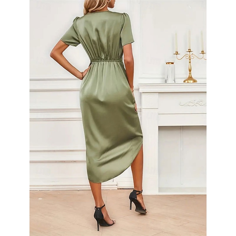Women's Midi Dress Party Dress Cocktail Dress Satin Dress Elegant Fashion Romantic Wedding Party Wedding Guest Regular Fit Plain Short Sleeve V Neck Black Champagne Wine Green Summer2