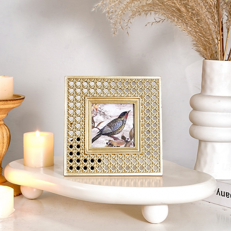 1PC A Square Decorative Photo Frame With a Golden Rattan Woven Pattern and A Resin Material Photo Display Frame Suitable for Family Photo Decoration and Display