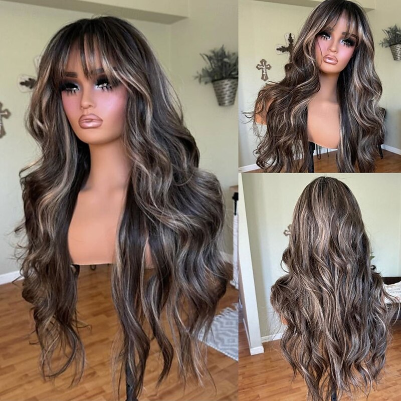 Unprocessed Virgin Hair 5x5 Closure 13x4 Lace Front Wig With Bangs Brazilian Hair Wavy Blonde Auburn Multi-color Wig 130% 150% Density Highlighted / Balayage Hair 100% Virgin Glueless For Women Long