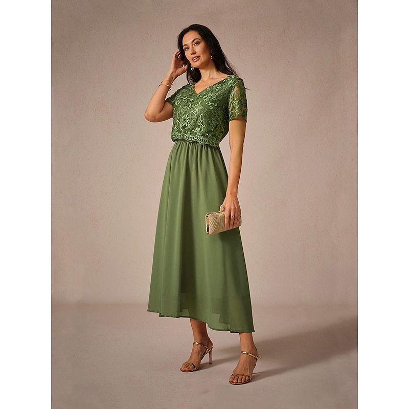 Women's Maxi Dress Lace Dress Wedding Guest Dress Semi Formal Dress A Line Dress Elegant Wedding Guest Cocktail Party Regular Fit Solid Color Short Sleeve V Neck Olive Summer Spring