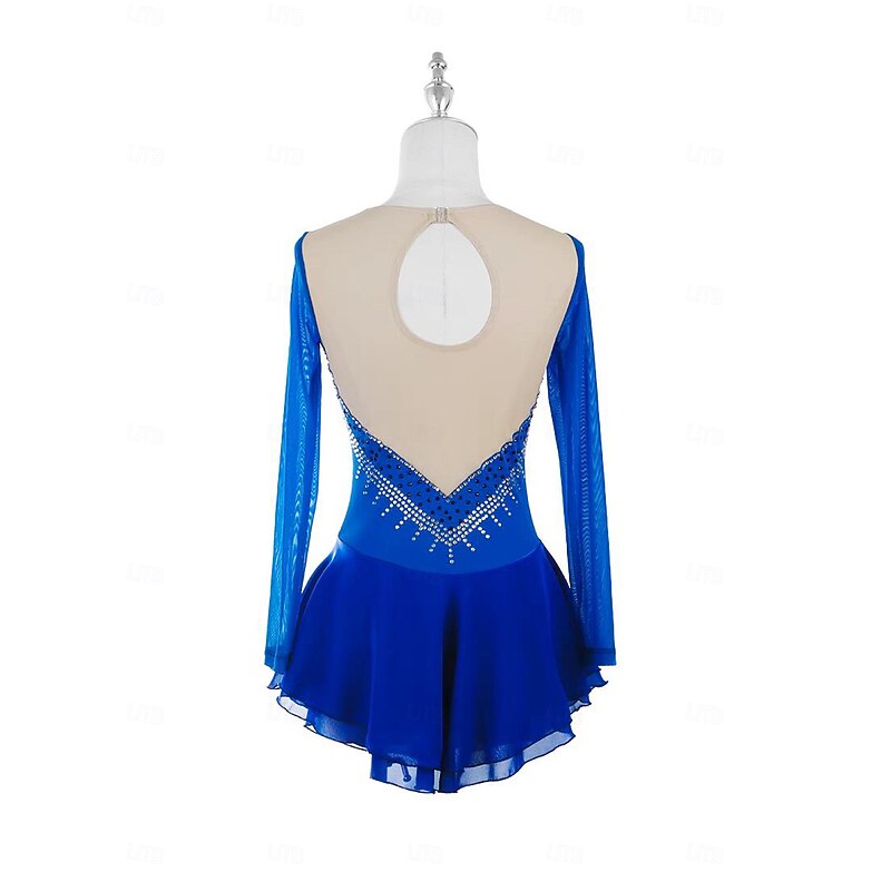 Figure Skating Dress Women's Girls' Ice Skating Dress Blue Patchwork Open Back Mesh Spandex Stretchy Training Practice Professional Skating Wear Thermal Warm Crystal / Rhinestone Long Sleeve Ice3