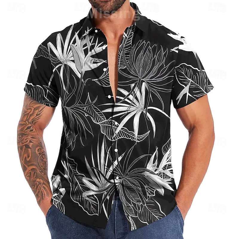 Men's Coconut Tree Tropical Plants Shirt Summer Hawaiian Shirt Button Up Shirt Short Sleeve Hawaiian Resort Vacation Holiday Beach Wear Summer Spring Turndown 3D Print Collared Shirts Black White Blue3