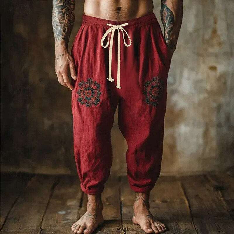 Men's Linen Pants Trousers Summer Pants Embroidered Drawstring Elastic Waist Flowers Comfort Breathable Full Length Outdoor Casual Holiday Fashion Retro Vintage Red