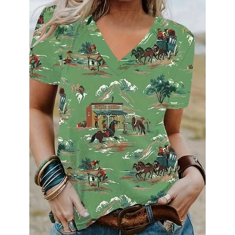 Women's Summer Tops Graphic Tribal Fashion Western Casual Short Sleeve V Neck Regular Tops Daily Going out Weekend Patchwork Print Army Green Brown off-white Summer Spring2