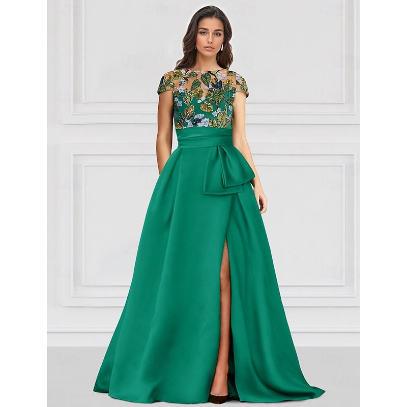 Floral Embroidered Leaf A-Line Evening Gown Elegant Dress Formal Wedding Floor Length Half Sleeve Illusion Neck Satin with Slit Appliques2