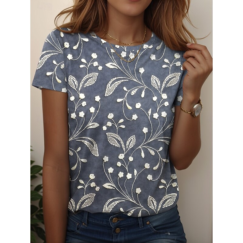 Women's T Shirt Floral Graphic Vintage Stylish Casual Short Sleeve Round Neck Regular Tops Daily Weekend Print Yellow Red Blue Light Blue Summer Spring2