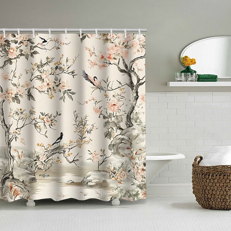 Shower Curtain with Hooks 180cm*180cm(70"*70") Polyester Washable Waterproof Pattern Bathroom Bathtub Decor Floral Bird Plant4