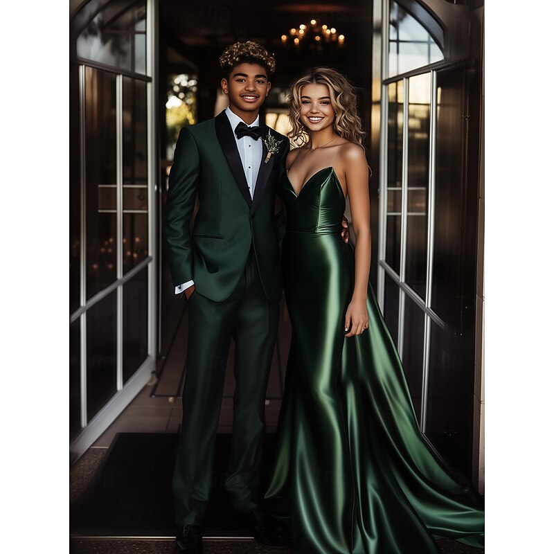 Men's Wedding Party Party Suits Peaked Lapel Dark Green Fashion Formal Solid Colored Standard Fit 2 Piece Single Breasted One-button