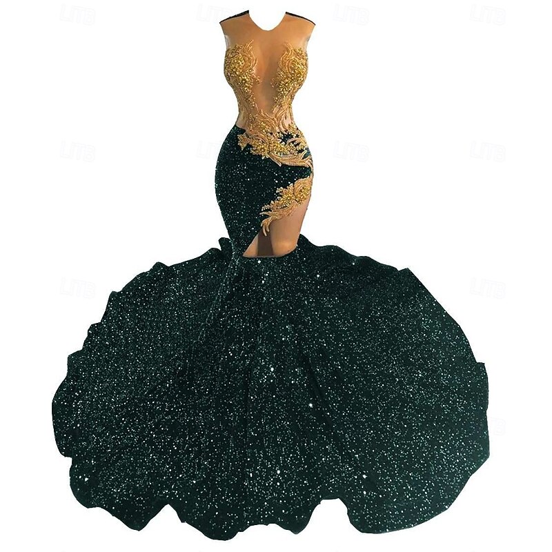 Mermaid / Trumpet Evening Gown Elegant Dress Evening Party Prom Sweep / Brush Train Sleeveless Illusion Neck Cotton with Rhinestone Glitter Sequin3