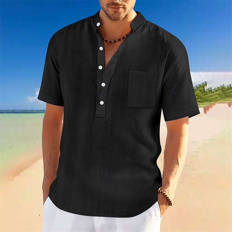 Men's Shirt Summer Shirt Casual Shirt Beach Shirt Button Up Shirt Black White Dark Navy Sky Blue khaki Short Sleeve Plain Standing Collar Vacation Hawaiian Pocket Clothing Apparel Polyester Fashion3