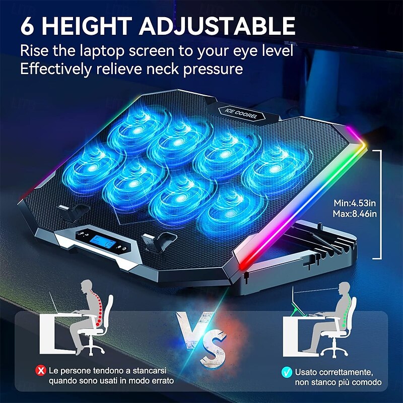 Gaming Laptop Cooling Pad with 8 Cooling Fans Laptop Fan Cooler Pad for 15-17.3 Inch Cooler Stand with 6 Height Adjustable RGB Cooling Pad with Two USB Port & Phone Stand2