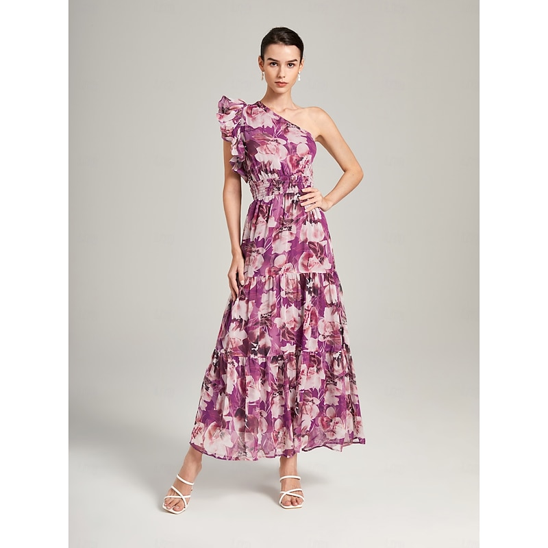 Women's Jumper Dress Flapper Dress Midi Dress Purple Sleeveless Floral Ruffle Off Shoulder Puff Sleeve Summer Surplice Neck Elegant Fashion S M L4