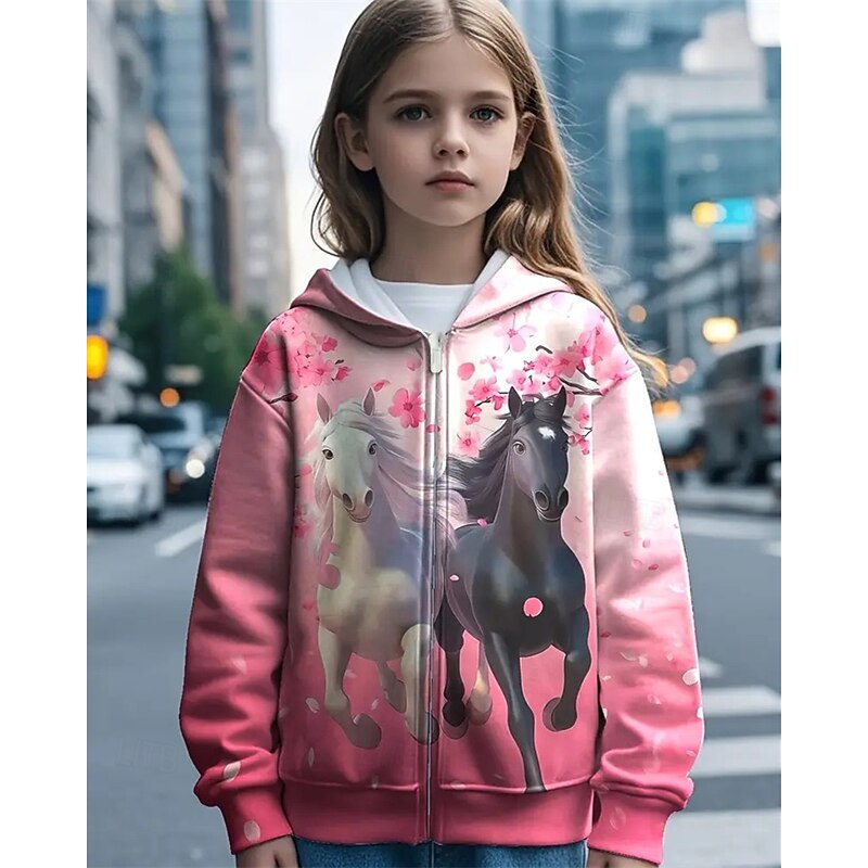 Girls' 3D Horse Hoodie Coat Outerwear Long Sleeve Spring Fall Adorable Sport Kids 4-12 Years Zip Street Daily Regular Fit