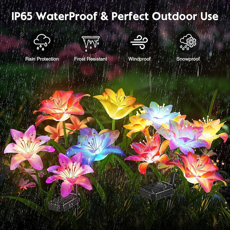1 Pc 4 Head Outdoor Solar 7-Color Dimming Lily Ground Plug in Light Courtyard Garden Park Path Lawn Wedding Festival Party Memorial Decorative Light in front of Tombstone