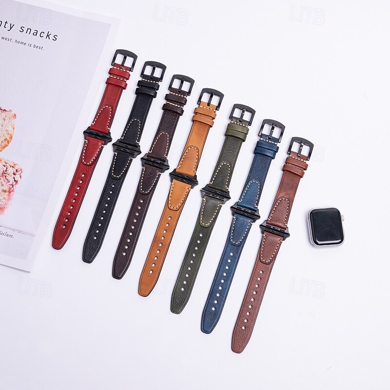 Leather Band Compatible with Apple Watch band 38mm 40mm 41mm 42mm 44mm 45mm 49mm Adjustable Women Men Genuine Leather Strap Replacement Wristband for iwatch Ultra 2 Series 9 8 7 SE 6 5 4 3 2 1