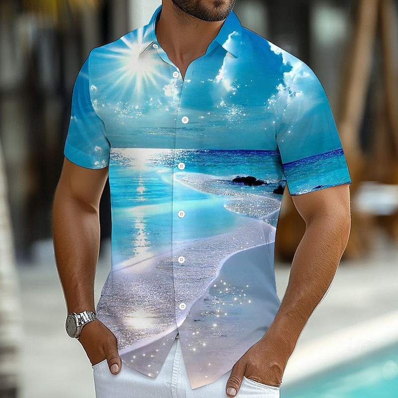 Men's Ocean Beach Shirt Summer Hawaiian Shirt Button Up Shirt Short Sleeve Hawaiian Vacation Holiday Beach Wear Summer Spring Turndown 3D Print Collared Shirts Blue