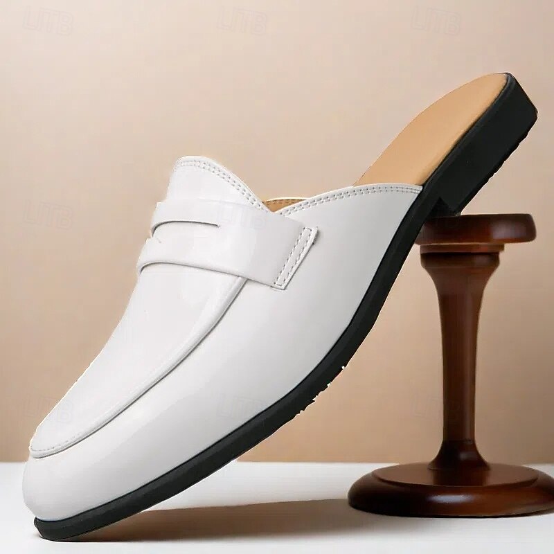 Men's Classic White Faux Leather Mule Loafers - Sleek Slip-On Shoes for Business Casual and Formal Events