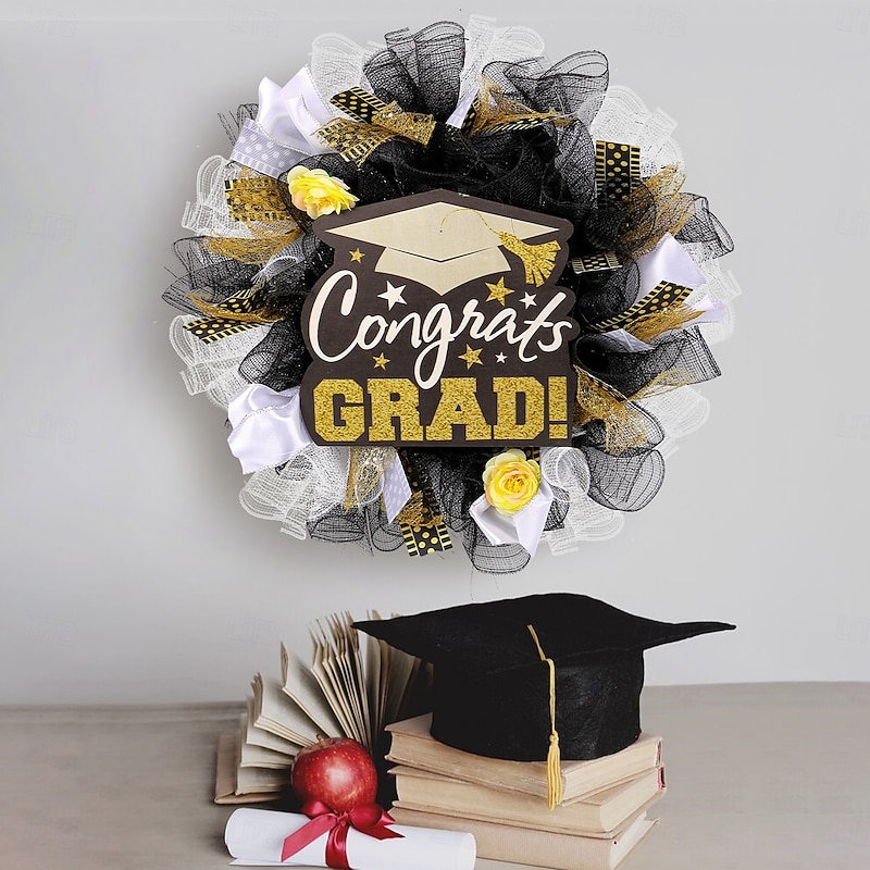 Graduation Party Wreath Decor, Congrats Tassel Wreath with Mesh, Graduation Cap Wooden Sign, Classroom Door Hanging Decoration