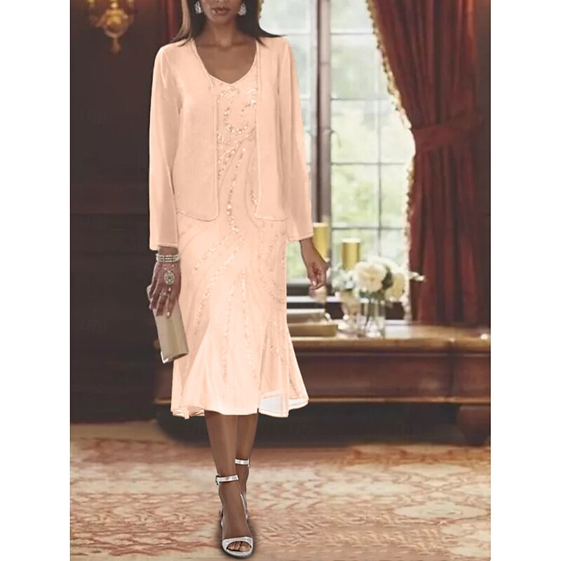 Beach Wedding Two Piece Mermaid Mother of the Bride Dress Formal Wedding Guest Elegant Luxurious V Neck Tea Length Chiffon Sleeveless Wrap Included with Beading Sequin4