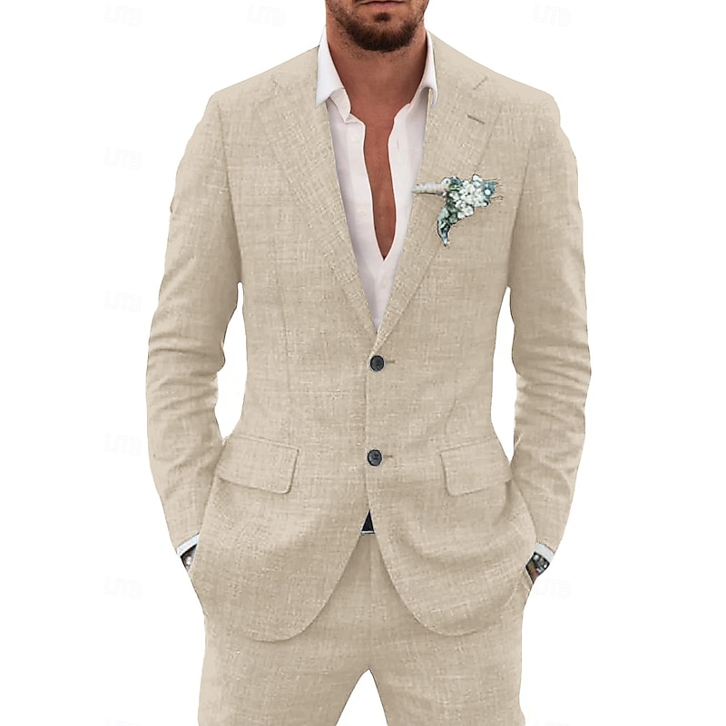 Men's Beach Wedding Linen Suits Notch Notch Lapel Sky Blue Beige Solid Colored Tailored Fit 2 Piece Single Breasted Two-buttons3