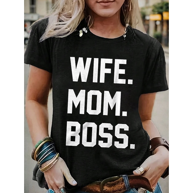 Women's Funny T Shirt Graphic Letter Stylish Casual Short Sleeve Round Neck Regular Tops Daily Weekend Print Black