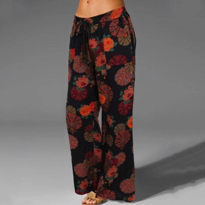 Women's Cotton Linen Pants Slacks Palazzo Pants Fashion Streetwear Full Length Natural Floral Printing Elastic Drawstring Design Comfy Outdoor Comfortable Street Daily Wear Going out Magenta Lake