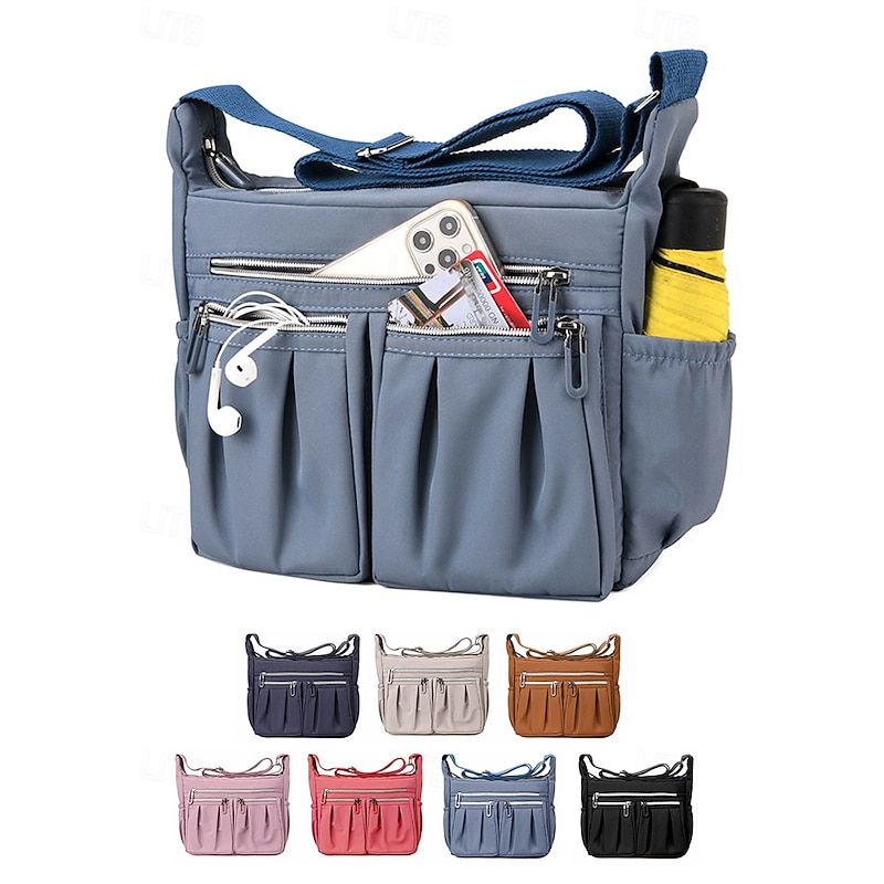 Women's Multi-Pocket Shoulder Bag – Lightweight Waterproof Nylon Crossbody Purse with Zipper Closure for Travel, Work and Daily Use Pink purple Black